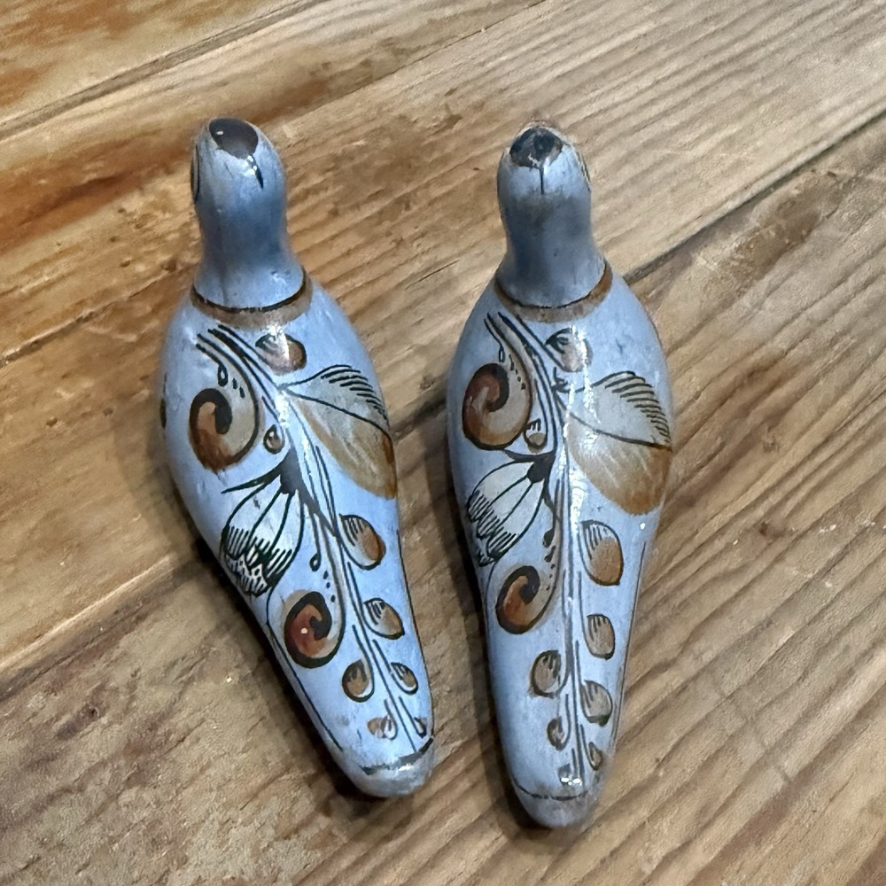 Vintage Tonala Mexican Pottery Bird Figurines Pair Blue Floral Signed Mex ER 4”